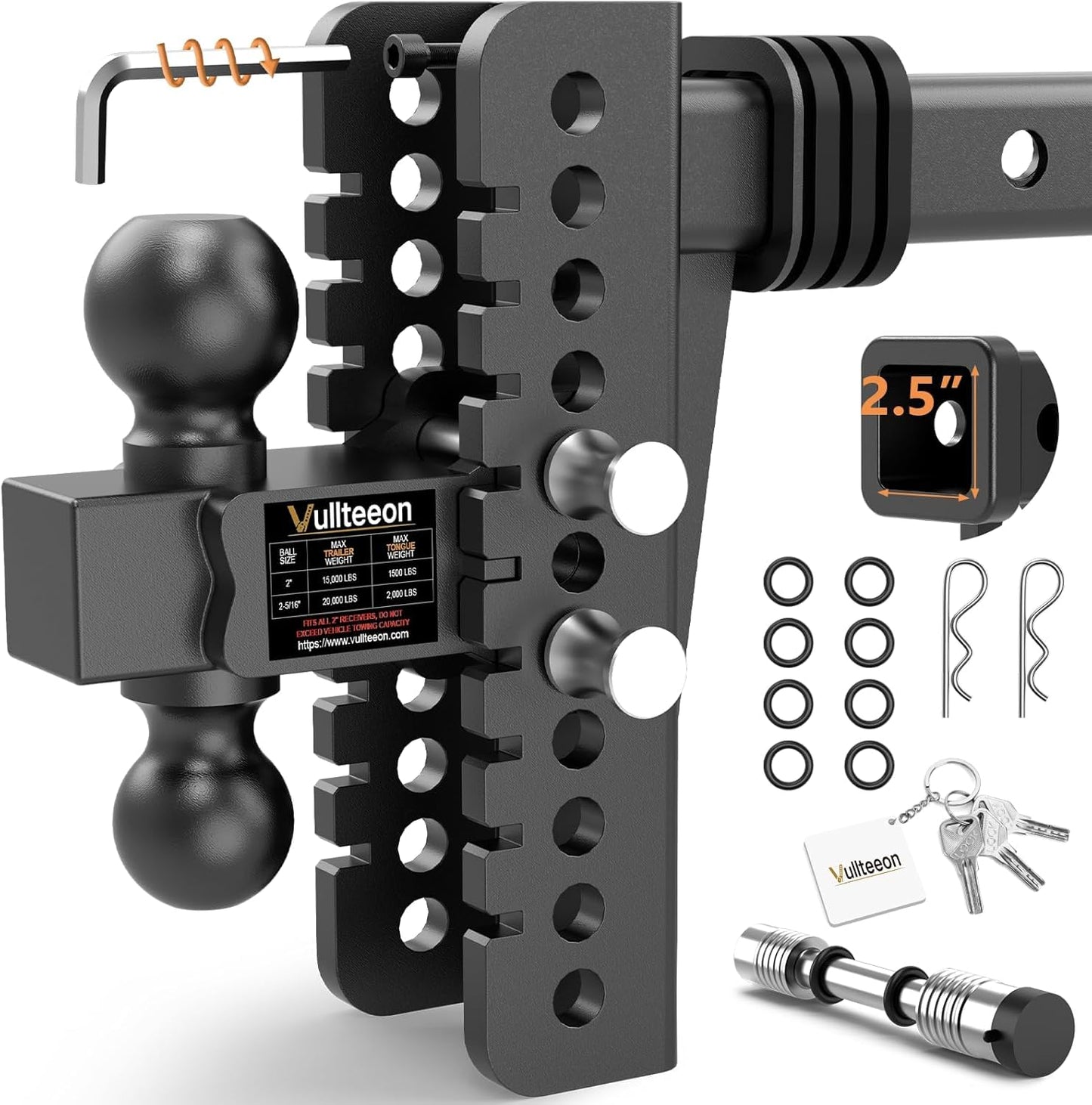 2026 Vullteeon Adjustable Trailer Hitch - Drop Hitch for 2.5 Inch Receiver, 8" Drop/Rise, (2" & 2-5/16") Ball Hitch for Truck, 22000 LBS GTW, Slot - Fit & Anti-Rattle Design Tow Hitches