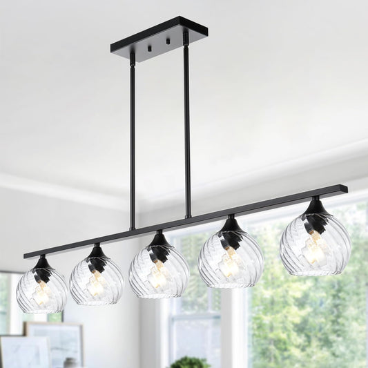 5-Light Kitchen Island Lighting, Globe Clear Glass Pendant Light Fixtures Ceiling Mount in Matte Black Finish, Modern Farmhouse Dining Room Chandelier