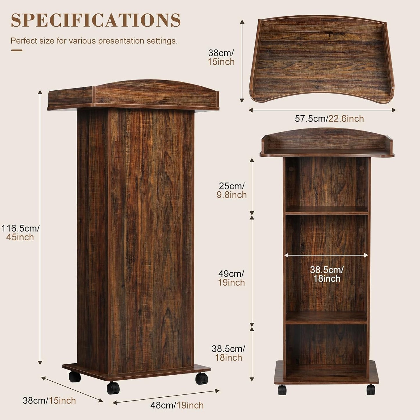 Wooden Podium Lectern Stand with Wheels, 3 Storage Shelves, Black Walnut, for Church Classroom