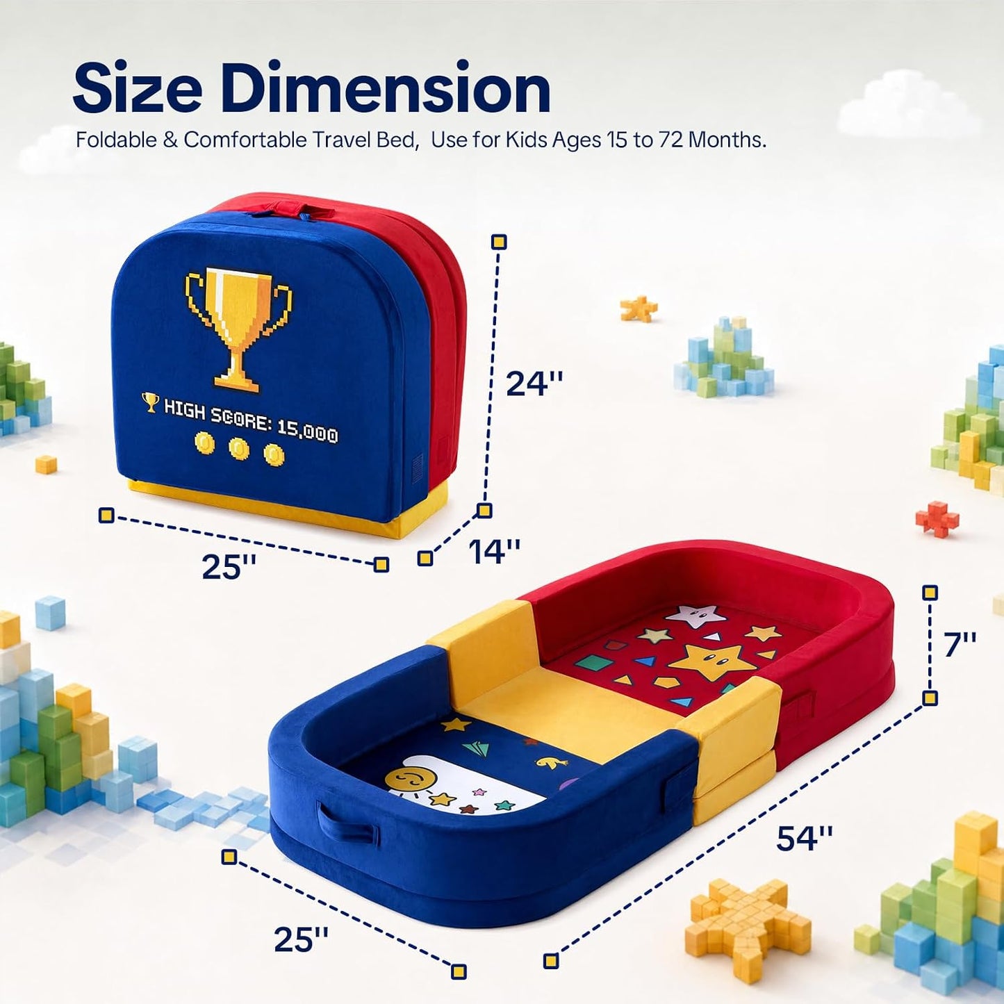 Toddler Travel Bed Foldable Portable Floor Bed Soft Foam 23'' | Built-in Safety Rails, No Assembly, Washable Cover, Comfortable Mattress for Travel, Home Use for Kids Ages 15 to 72 Months Red Blue 54''x23''x7''