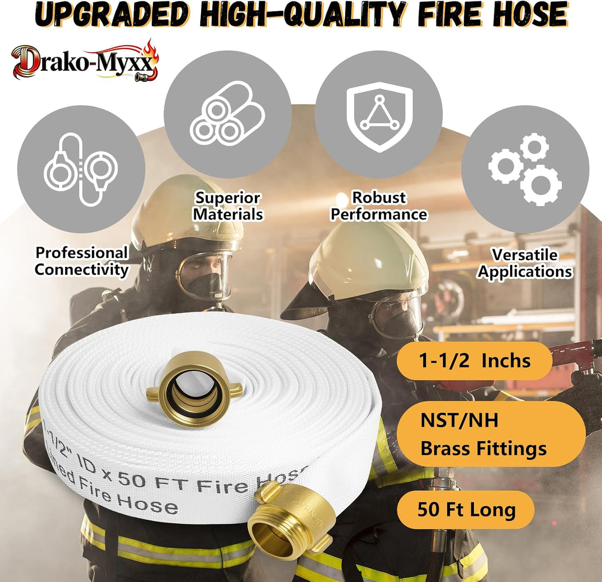 Upgrade Fire Hose, 1-1/2" ID x 50 FT, NST/NH Single-Jacketed TPU Fire Hose