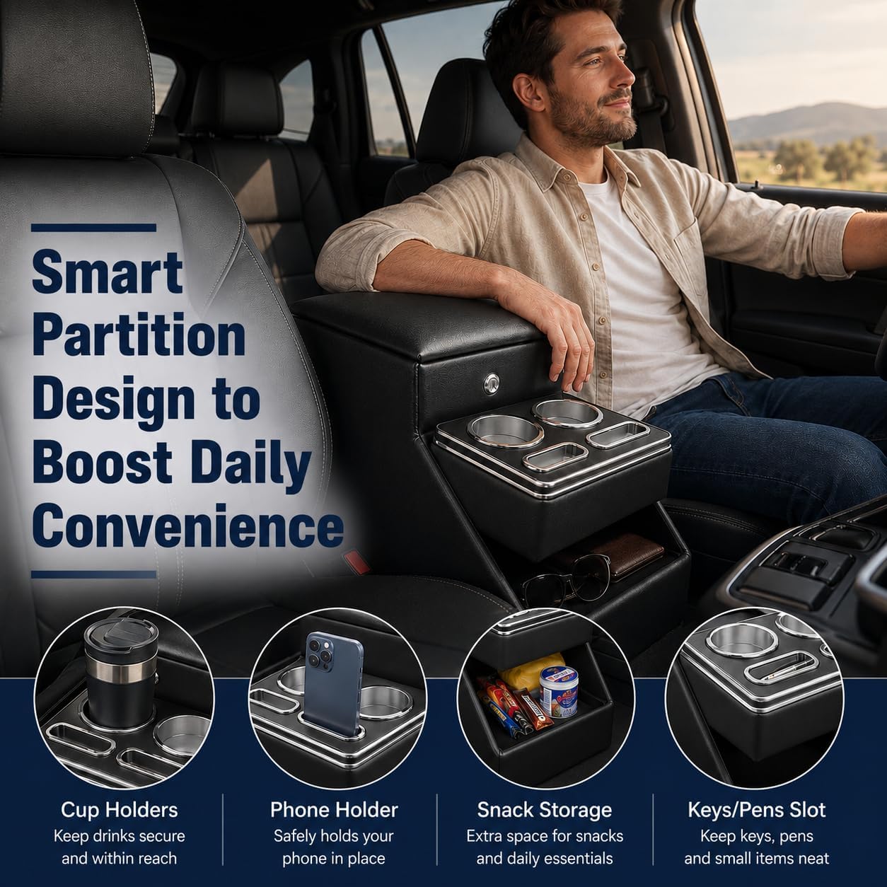 24L Center Console Between Seats for Minivans, SUVs and Trucks, Floor/Bench Seat Organizer with Locking Hidden Storage, Dual Cup Holders, Padded Armrest, Tool-Free Installation