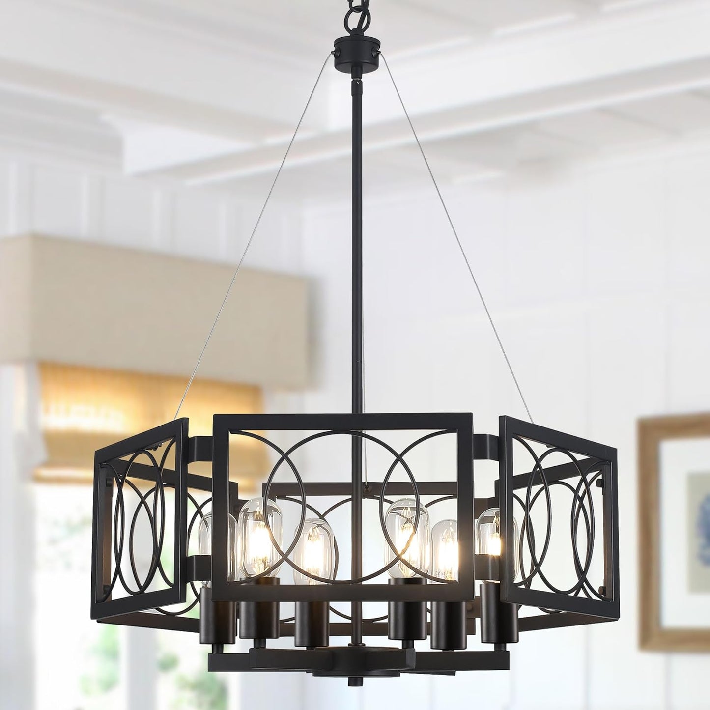 22.83' Black Farmhouse Chandelier for Dining Room, Large Modern Industrial Geometric Pendant Lighting Fixture Adjustable Hanging Lights fo