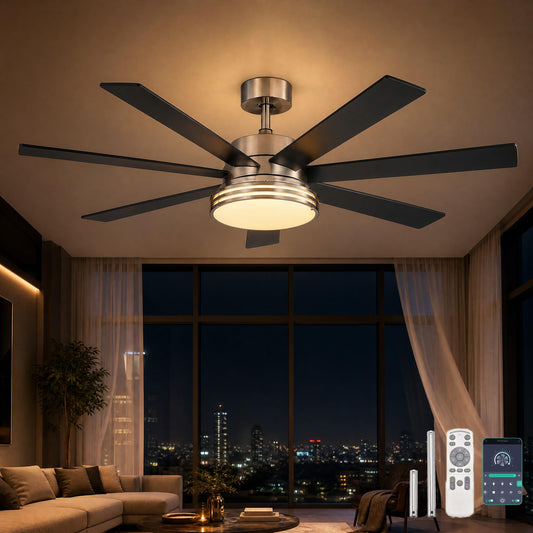 62 Inch Ceiling Fan with Light, Brushed Nickel 7 Blade Reversible DC Fan, App & Remote Control, 3 Color Dimmable LED for Large Living Spaces