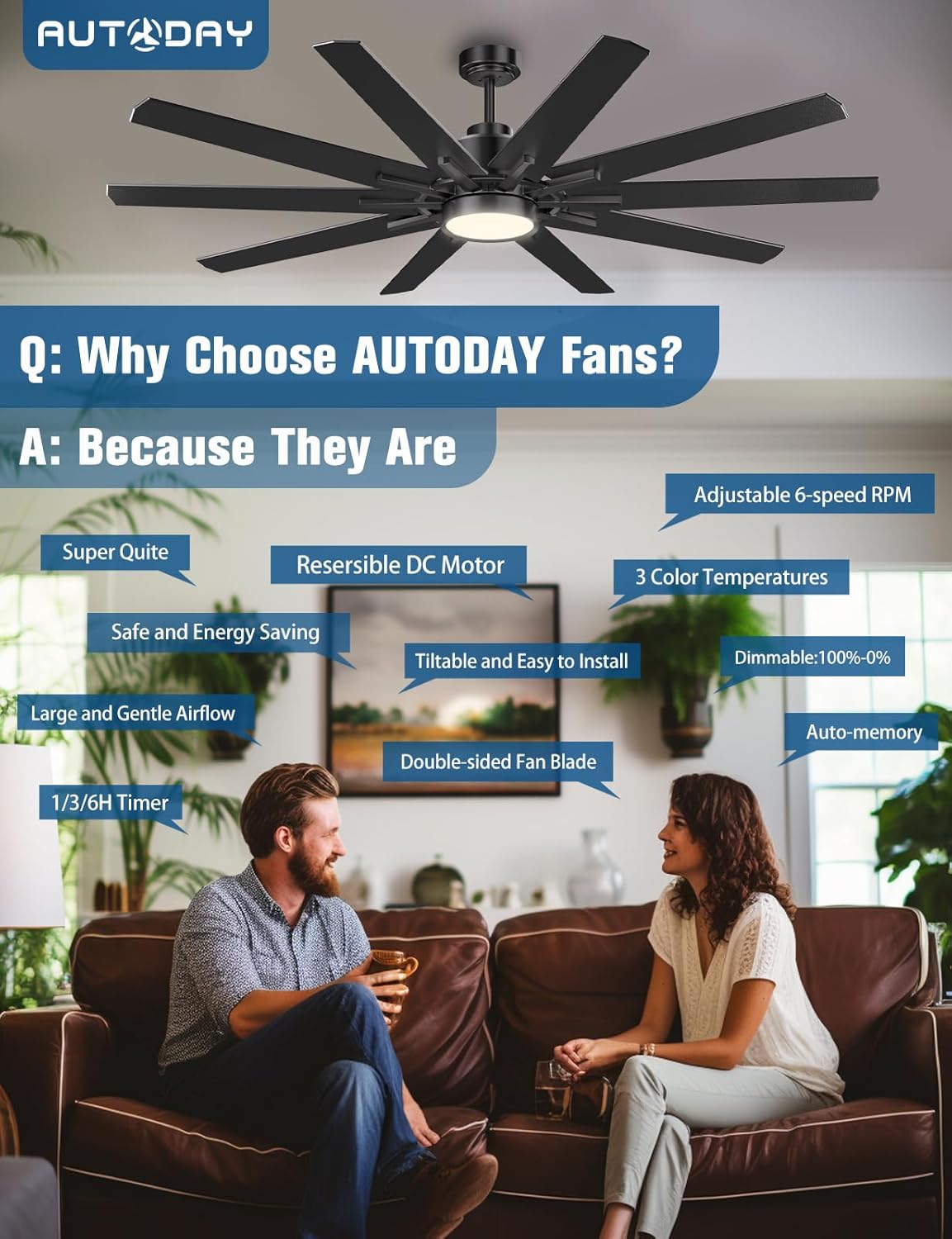 Autoday 62 Inch Large Ceiling Fans with Lights and Remote - Indoor/Outdoor Ceiling Fan with Light, 10 Blades, Reversible Quiet DC Motor, Dimmable LED