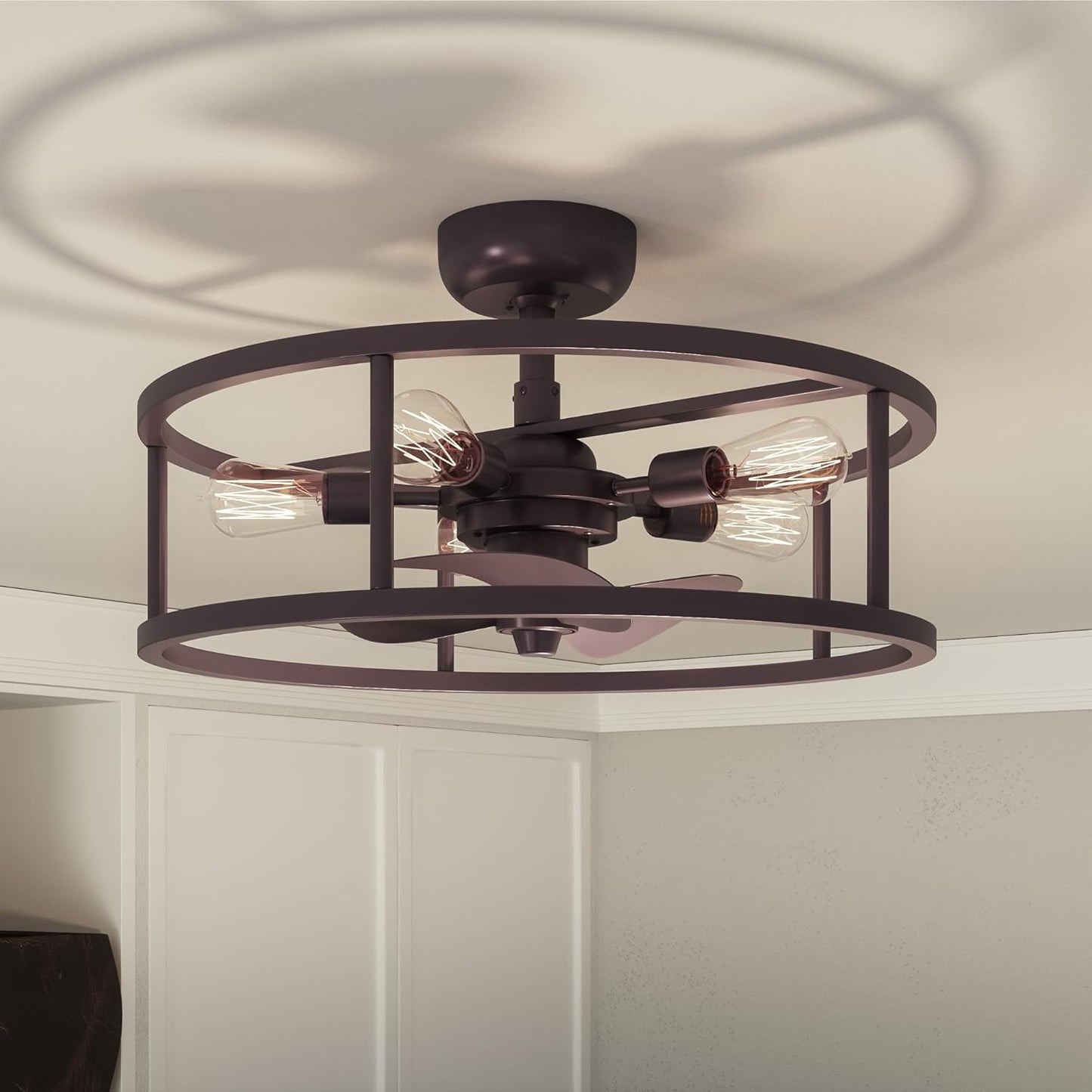 New Harbor Ceiling Fan with Light, 5-Light Western Bronze Open Cage Flush Mount Fandelier, Remote Included, Dimmable LED Bulbs