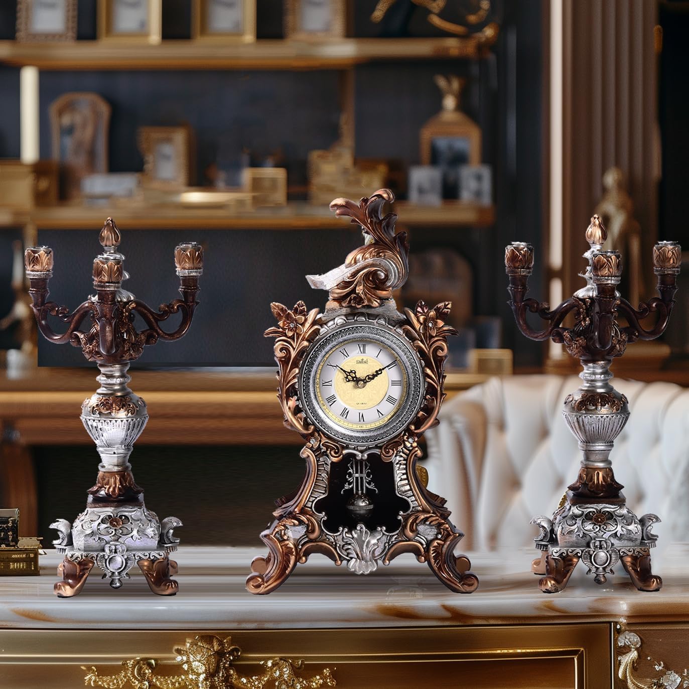 18.5H Rococo Style Pendulum Clock Mantel Clock with 2 Candelabra Candle Holders Baroque Resin Desk Clock Anniversay Clock for Living Room Bedroom