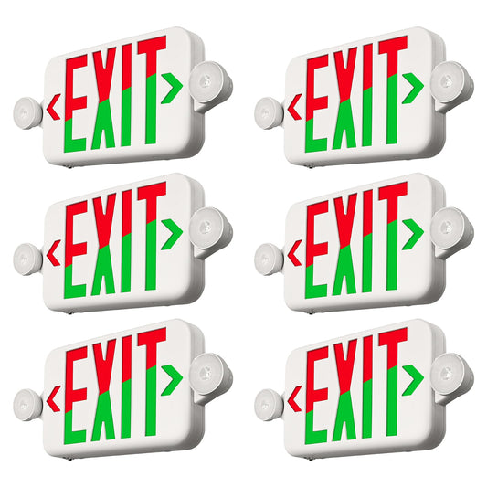Exit Sign Emergency Light, 2 LED Adjustable Head Lights, Switchable Red and Green Colors, Combo Exit Lights Ni-MH Battery Backup, Hard Wired, 5VA flame rating, UL Listed, White, 6 Pack