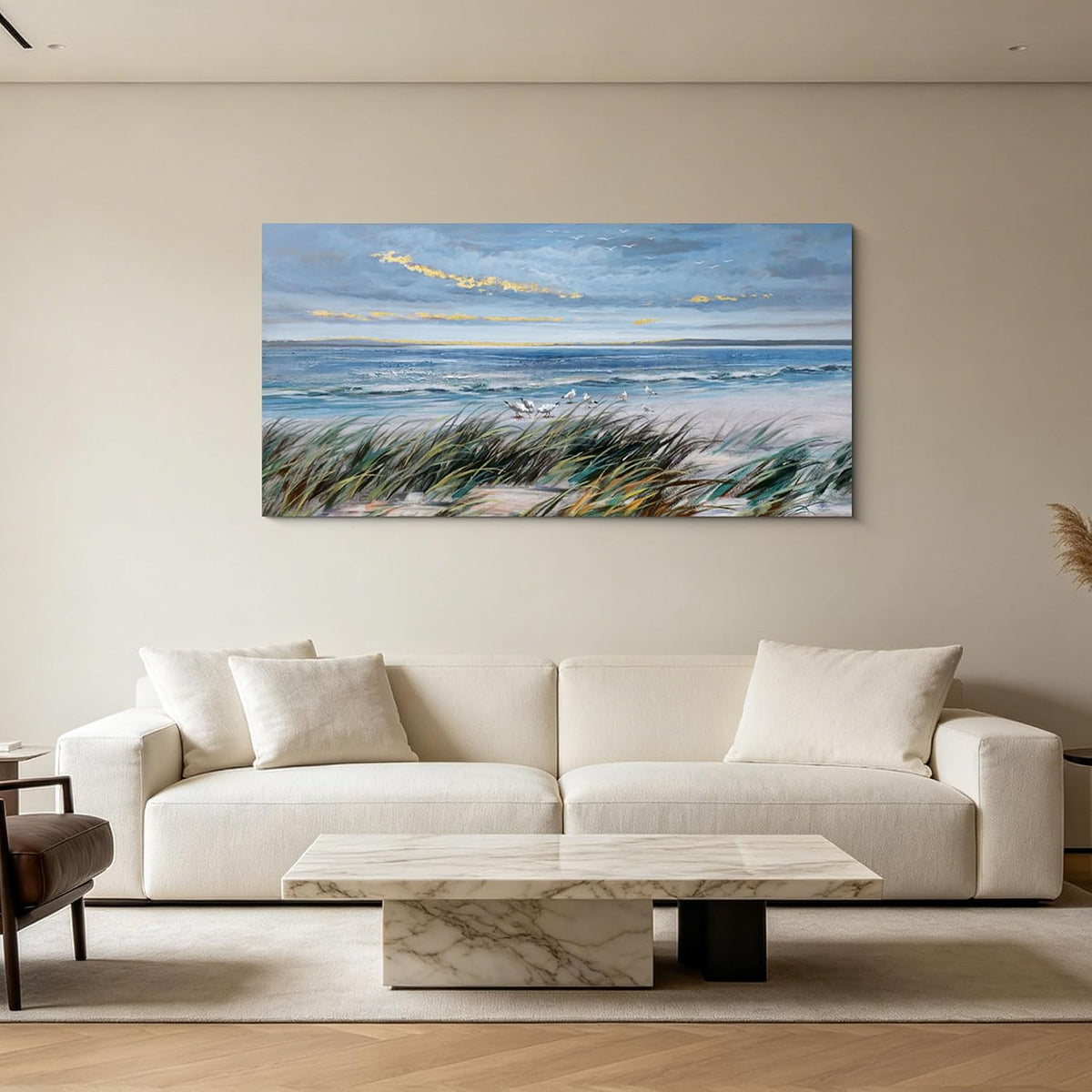 KLAKLA Coastal Wall Art Beach Picture Large Canvas for Living Room 48x24 IN Blue and Gold 48"L x 24"W