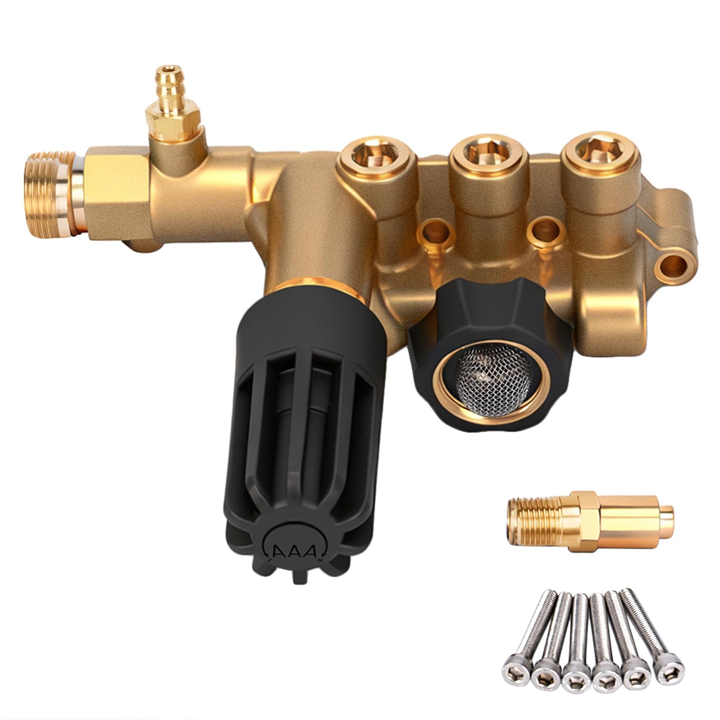 Premium 7108746 AAA Pump Manifold Replacement Kit for AAA Pressure Washer Pump Model Numbers 530008, 530009, 530016, Heavy Duty 7108746 Manifold Kit with Hardware, Gold - Easy to Install