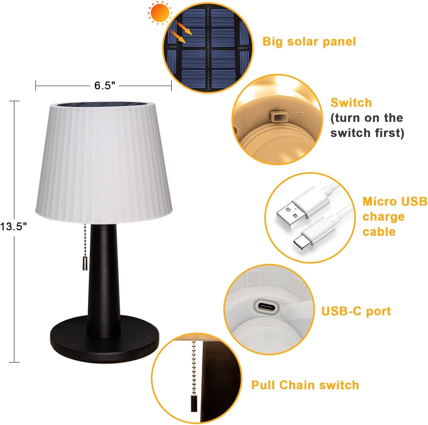 Tryme Solar Table Lamp with 2 Charging Ways Outdoor Lights with Rechargeable Battery 3 Way Dimmable by Pull Chain Bedside Nightstand Lamps for Home