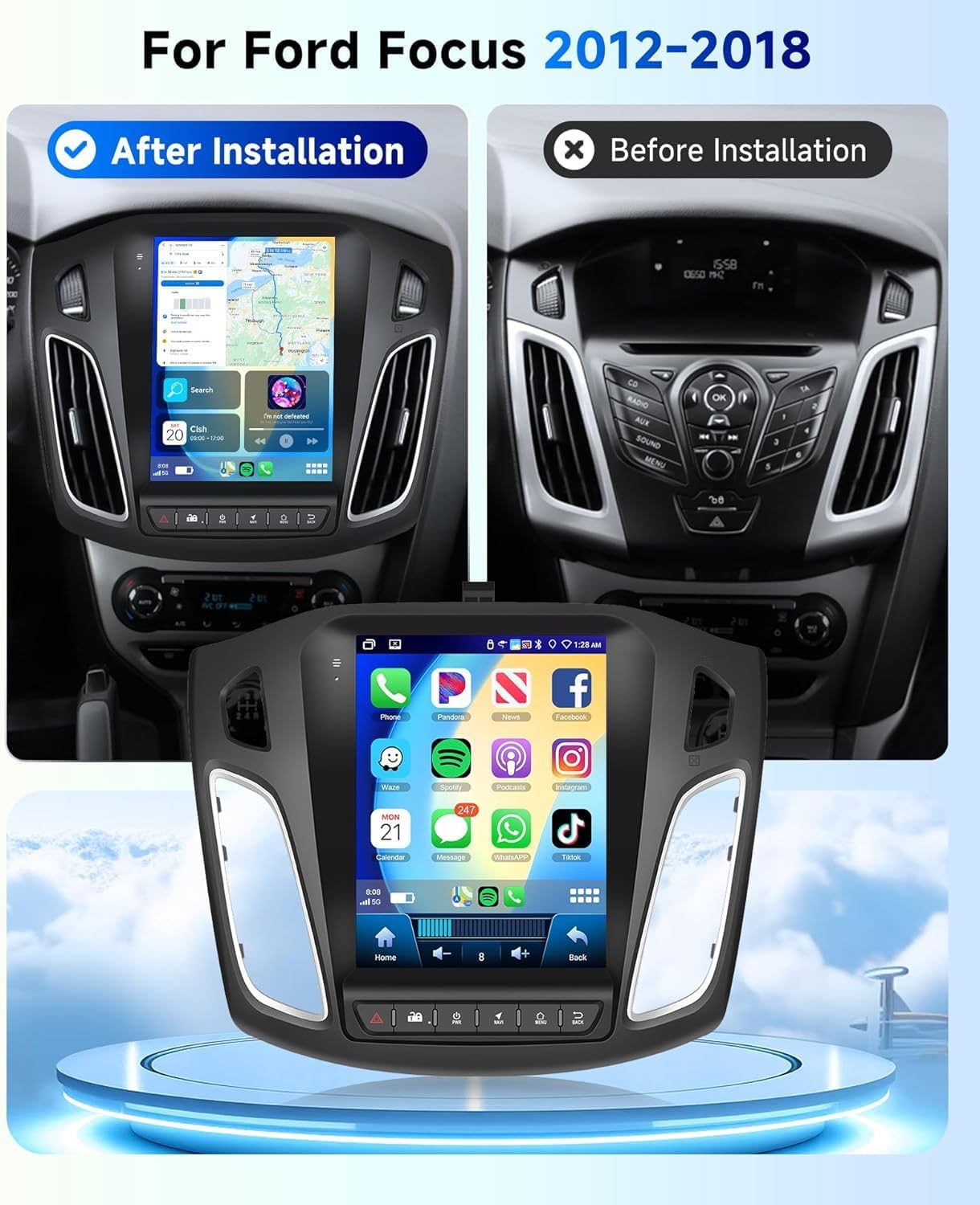 4G+64G Radio for Ford Focus 2012-2018 Car Stereo with Wireless Carplay Android Auto,Bluetooth5.0/32EQ 9.7 inch IPS Touch Screen Android 15 FM/RDS GPS WiFi AHD Backup Camera
