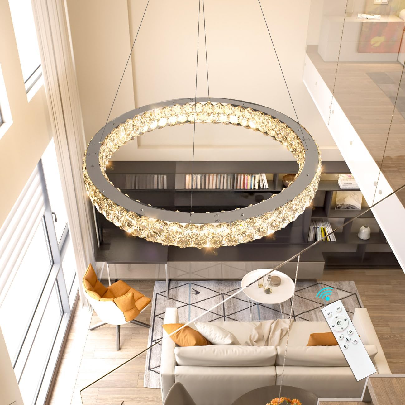 Modern Dimmable Crystal Chandelier for High Ceilings with Remote Control, Flush Mount