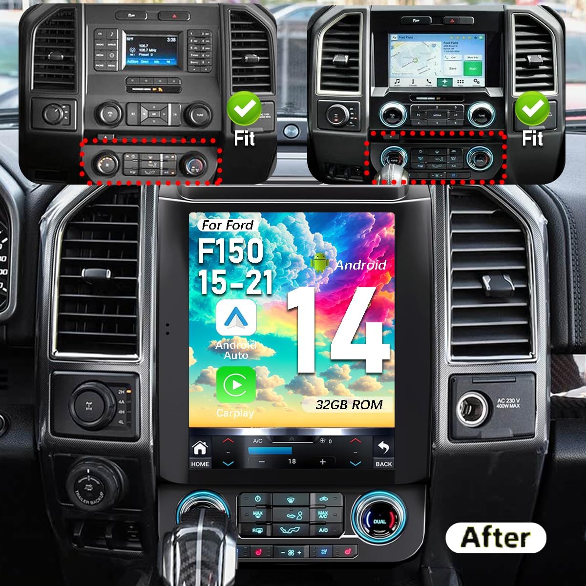 Upgrade Car Radio for Ford F150 2015-2021 Car Radio Android 14 Stereo Replacement 12.1 inch Touch Screen 8core CPU Tesla Vertical Screen Style with Wireless Carplay & Android Auto, DSP, 5G,WiFi 15-21 4GB+32GB