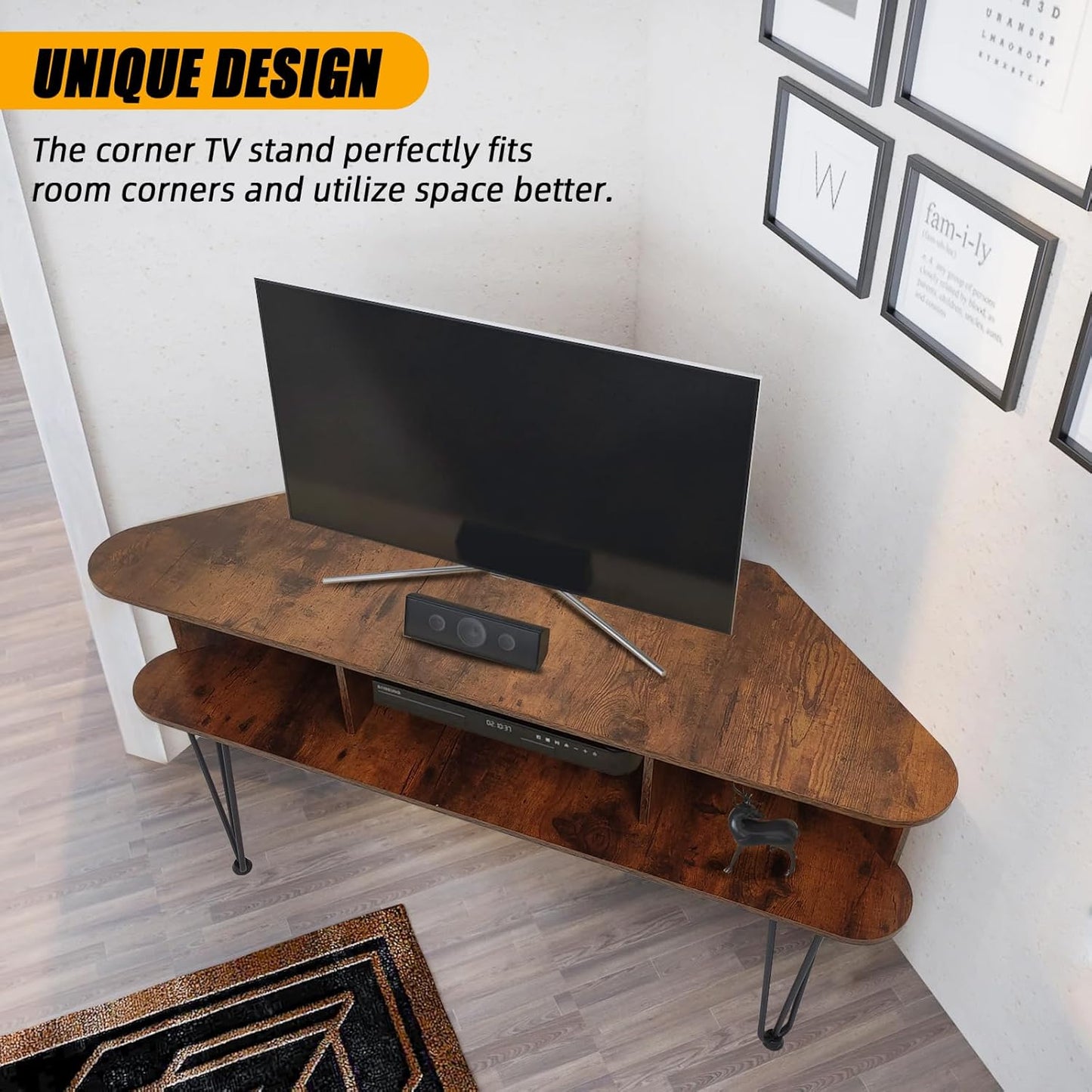 Corner TV Stand with 3 Open Divided Storage, Corner TV Console with Metal Feet and Anti-Slip Pads, Corner Entertain