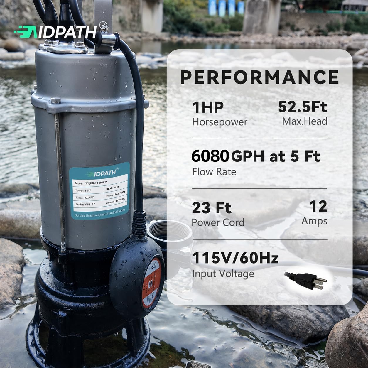 1HP, Max 6500 GPH Sewage Grinder Pump, 115V Trash Pump, 52.5ft Head | Alloy Steel Cutter, 100% Copper Motor, 2" Discharge, Fits 18"x30" Sump Basin, Requires 20A GFCI Breaker