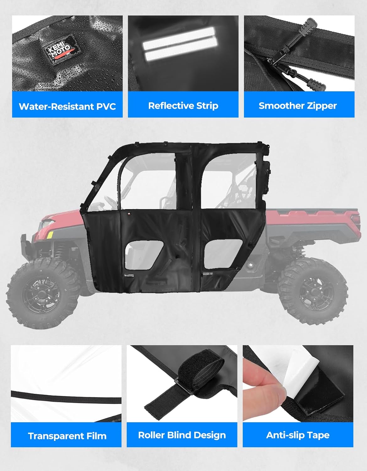 UTV Cab Enclosure Compatible with Polaris Ranger XP 1000 Crew 2019-2024, 2 Zipper Soft Upper Doors with Open Slot for Mirrors, Rolling Window, Water