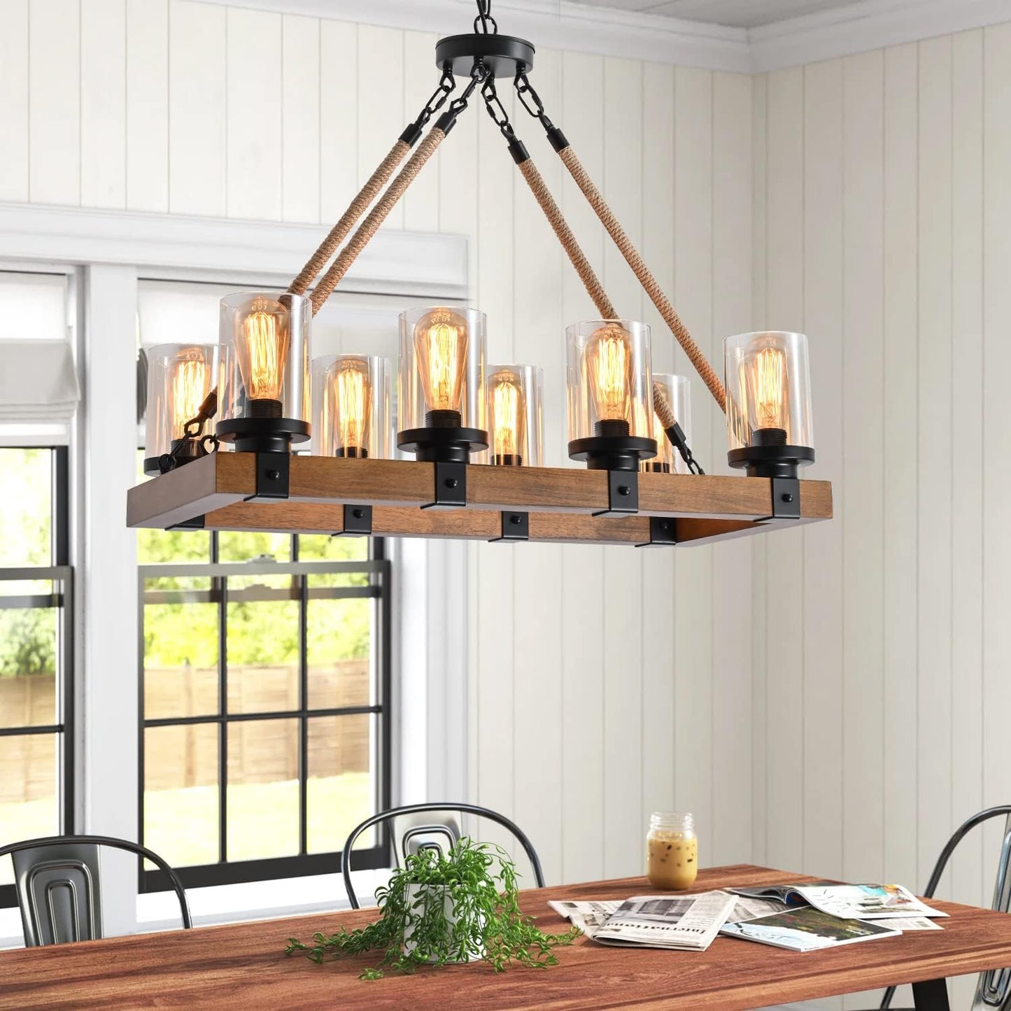 8-Light Farmhouse Chandelier Kitchen Island Light Fixture, Wood Chandeliers, Candle Pendant Light, Glass Lodge and Tavern Pendant Lighting 480W Max