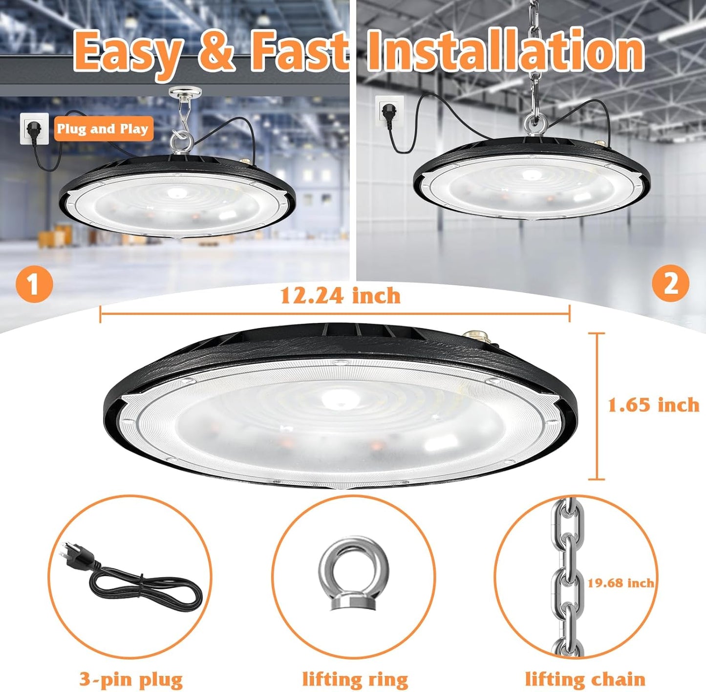 LED High Bay Light, 150W High Bay LED Shop Lights 21000LM 5000K, UFO LED High Bay Light for Garage Warehouse Workshop Factory Gym Barn, 5Ft Power