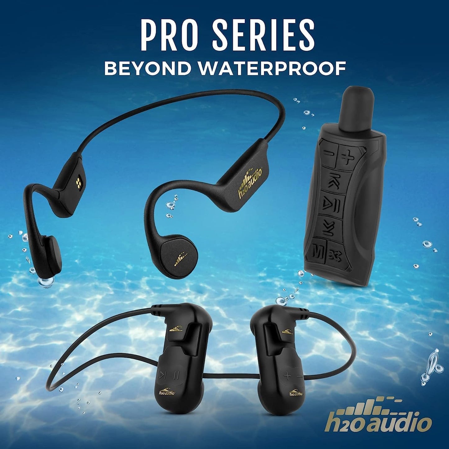 H2O Audio Stream 3 PRO and Surge S+ Earbuds - Underwater Streaming Music Waterproof MP3 Player for Swimming with Bluetooth and Short Cord Underwater