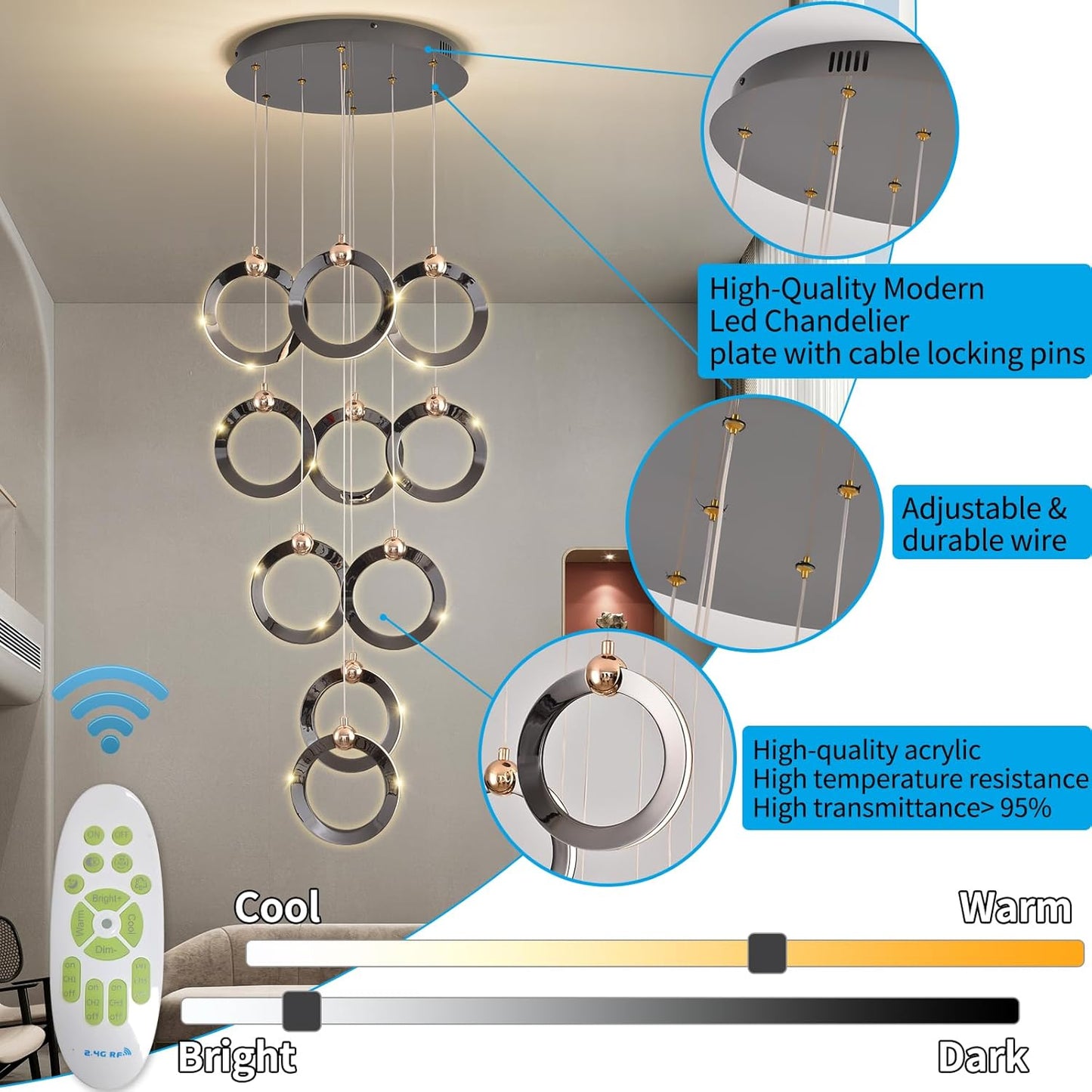 Modern Chandelier Dimmable 10 Rings Electroplating Process with Remote Control, Height Adjustable Creative Acrylic Lampshade Elegant Artistic Home