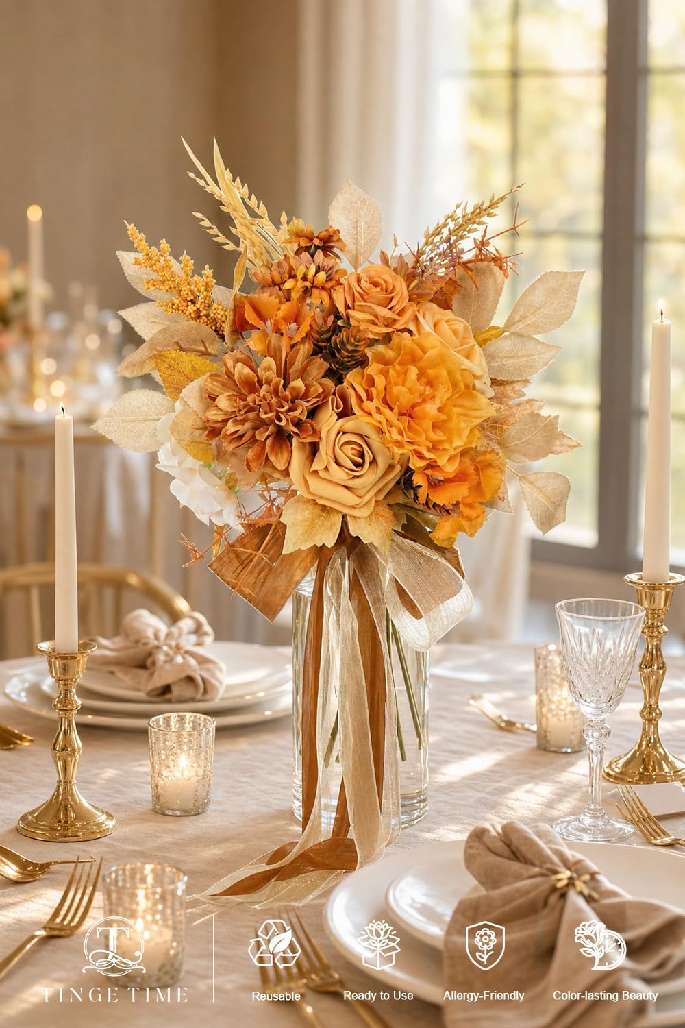 TINGE TIME 7in Wheat Gold Silk Bridesmaid Bouquets Set 4