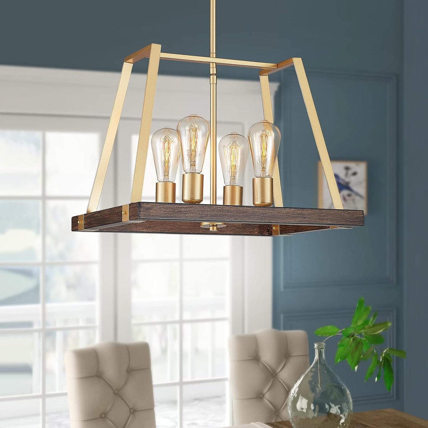 ANJIADENGSHI Painted Wood Color Golden Metal Finish Farmhouse Kitchen Island Pendant Lighting LED Fixture Dining Room Livingroom (Bulbs Not Included)