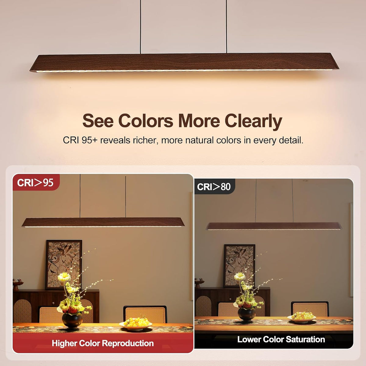 Dining Table Linear Island Light: Remote Control Iron Kitchen Chandeliers Iron with Walnut Wood-Look Finish