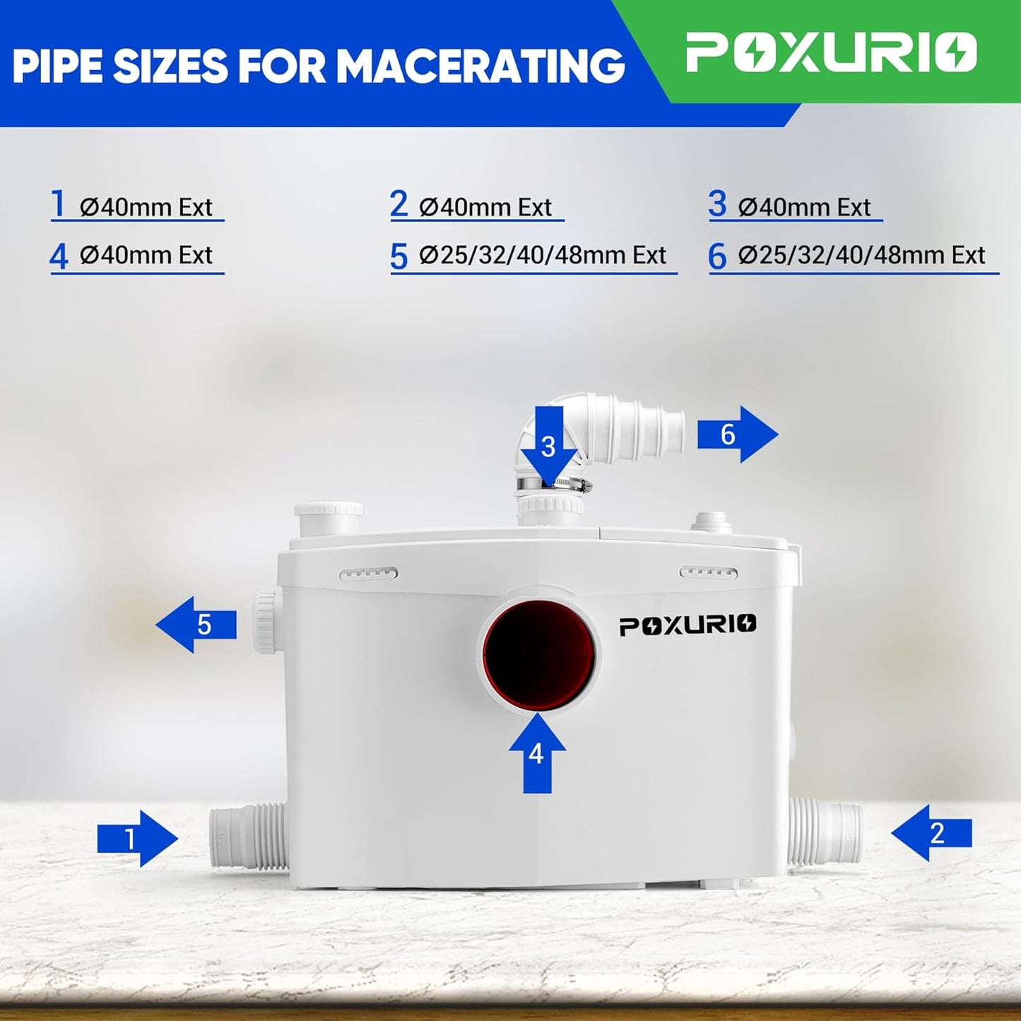 POXURIO 800W Macerator Pump for Macecrating Toilet, Upgraded 2 Outlets/4 Inlets Sewerage Sump Pump for Basemnet Toilet Disposal, Laundry, Sink, Shower