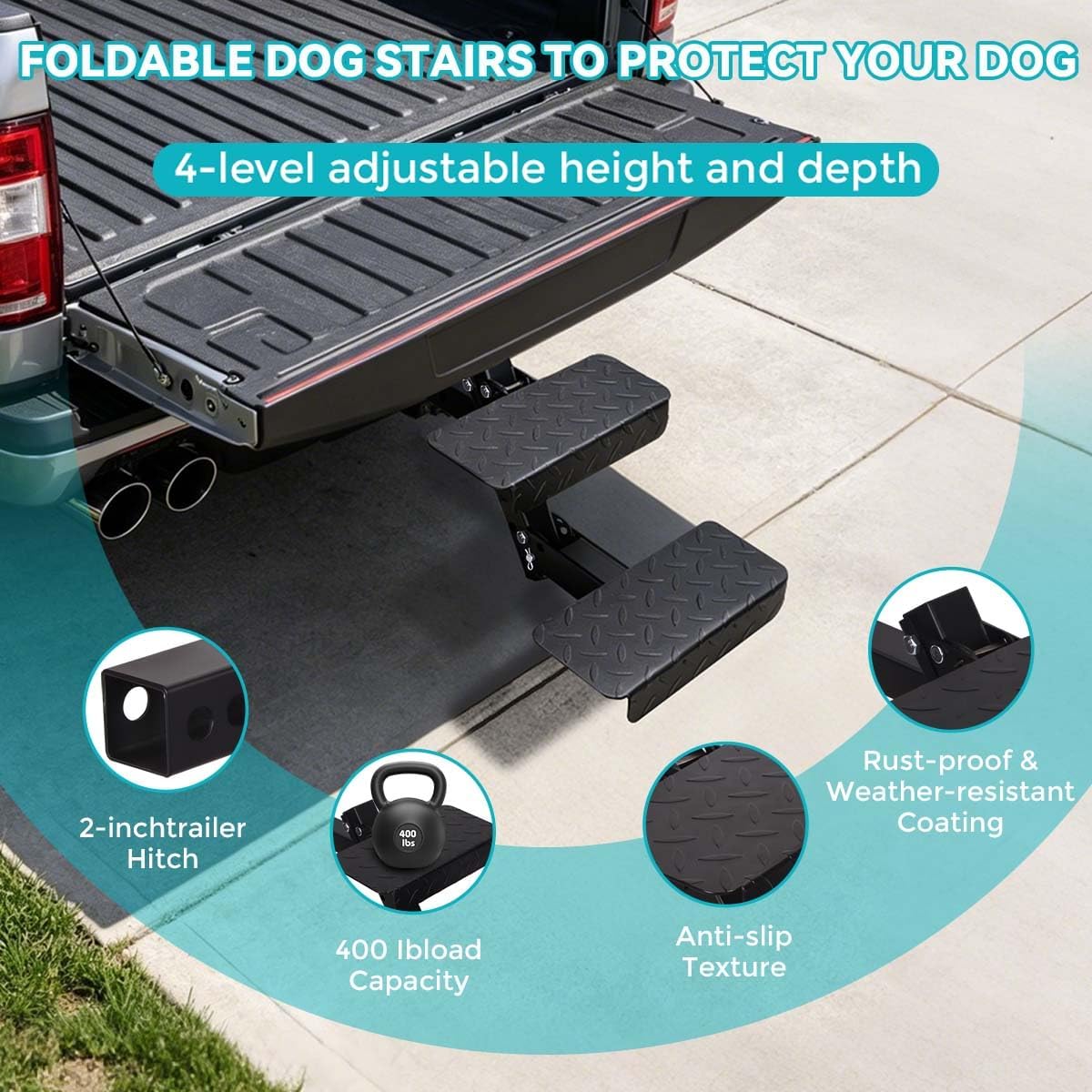 12" Wide 2-Step Folding Trailer Pet Hitch Step for 2" Receiver -Heavy Duty 2 Step Dog Stairs, 4-Position Adjustable Height, Towing Hitch Stair Fit for Truck Camper, RV, Pickup Truck, Trailer, SUV