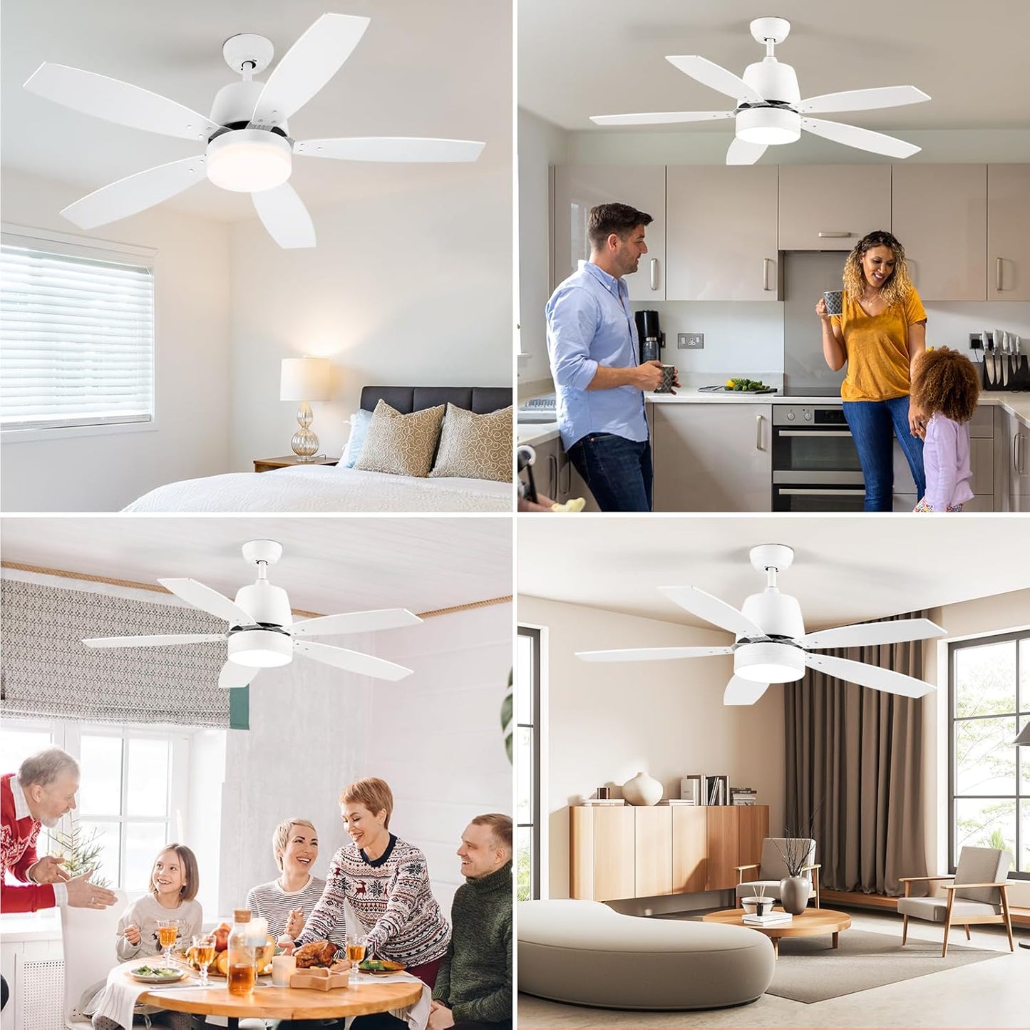 Ceiling Fan with Lights, 52 Inch White Ceiling Fan with Remote, Dimmable LED Light, Quiet Reversible Motor, 5 Blades Modern Ceiling Fan for Bedroom