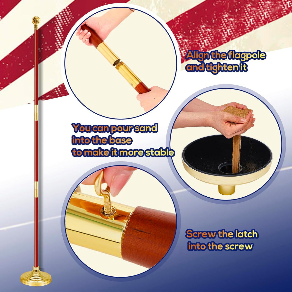 1 Set 8FT Indoor Flagpole Kit, Wooden 3 Section Pole With US Fringe Flag