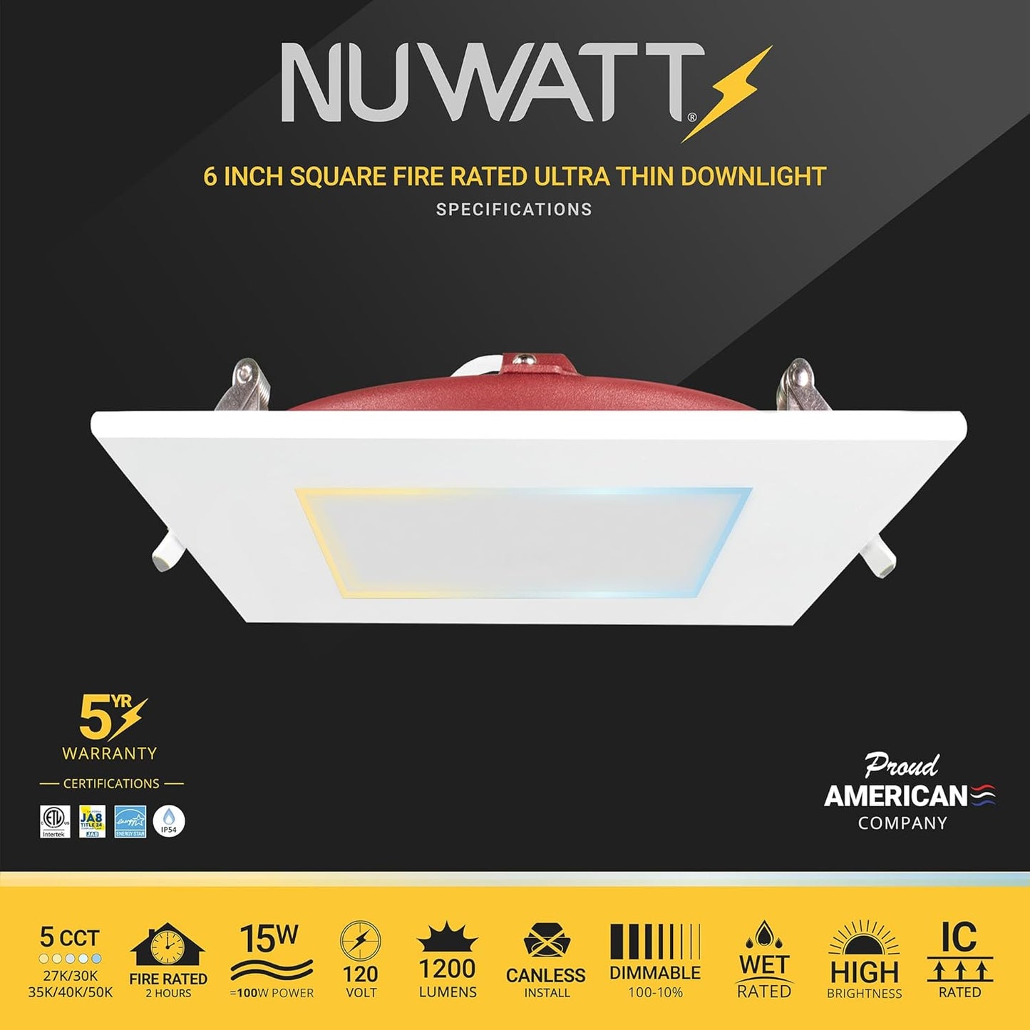 NUWATT 12 Pack, 6 Inch 2 HOUR FIRE RATED LED Recessed Light, 5CCT 2700K/3000K/3500K/4000K/5000K Selectable, 1200 Lumen Dimmable, IC Rated, Square