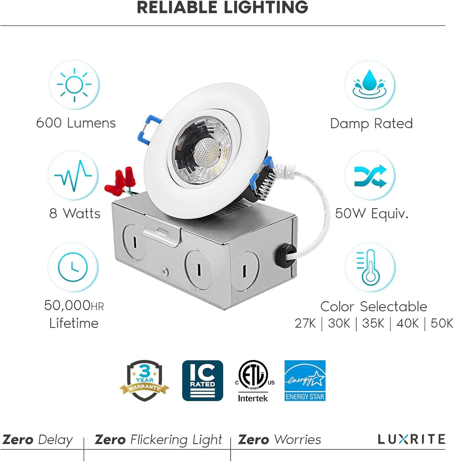 LUXRITE 3 Inch Gimbal LED Recessed Light with Junction Box, 5CCT Color Selectable 2700K-5000K, Dimmable Adjustable Eyeball Swivel Lights, 600 Lumens,