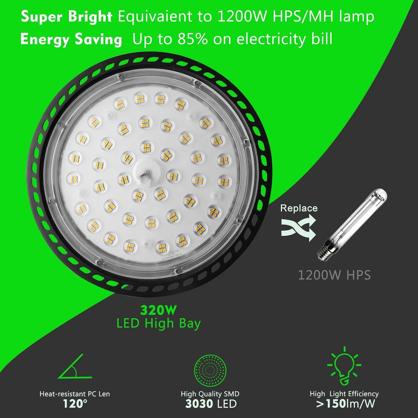 AntLux LED High Bay Light 320W 48000lm 5000K High Bay LED Shop Lights with US Plug Equiv.to 1200W MH/HPS High Bay LED Lights AC100-277V-4 Pack (320.0