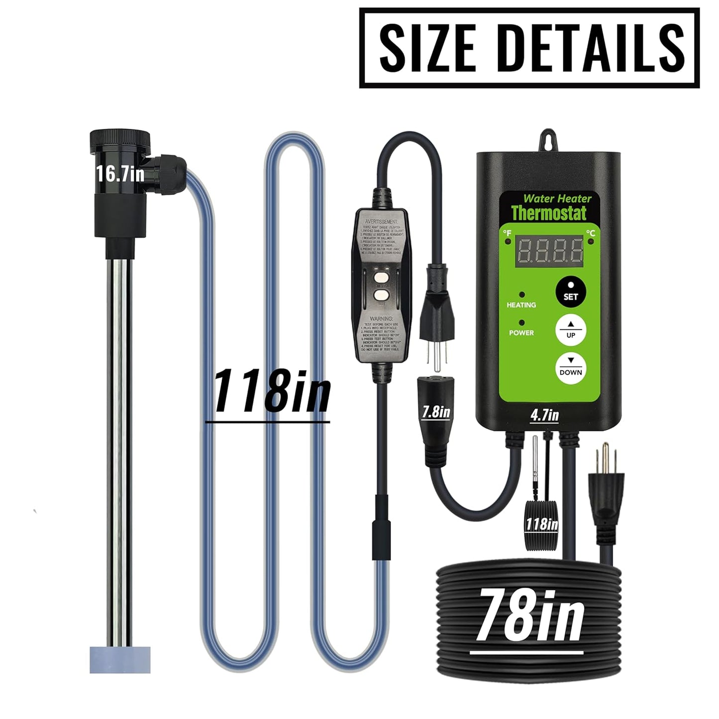 1800W Submersible Hot Tub & Pool Portable Immersion Water Heater with Temperature Control and GFCI Leakage Protection for Swimming Pools, Bathtubs, Buckets, Baptistries, and Most Liquids