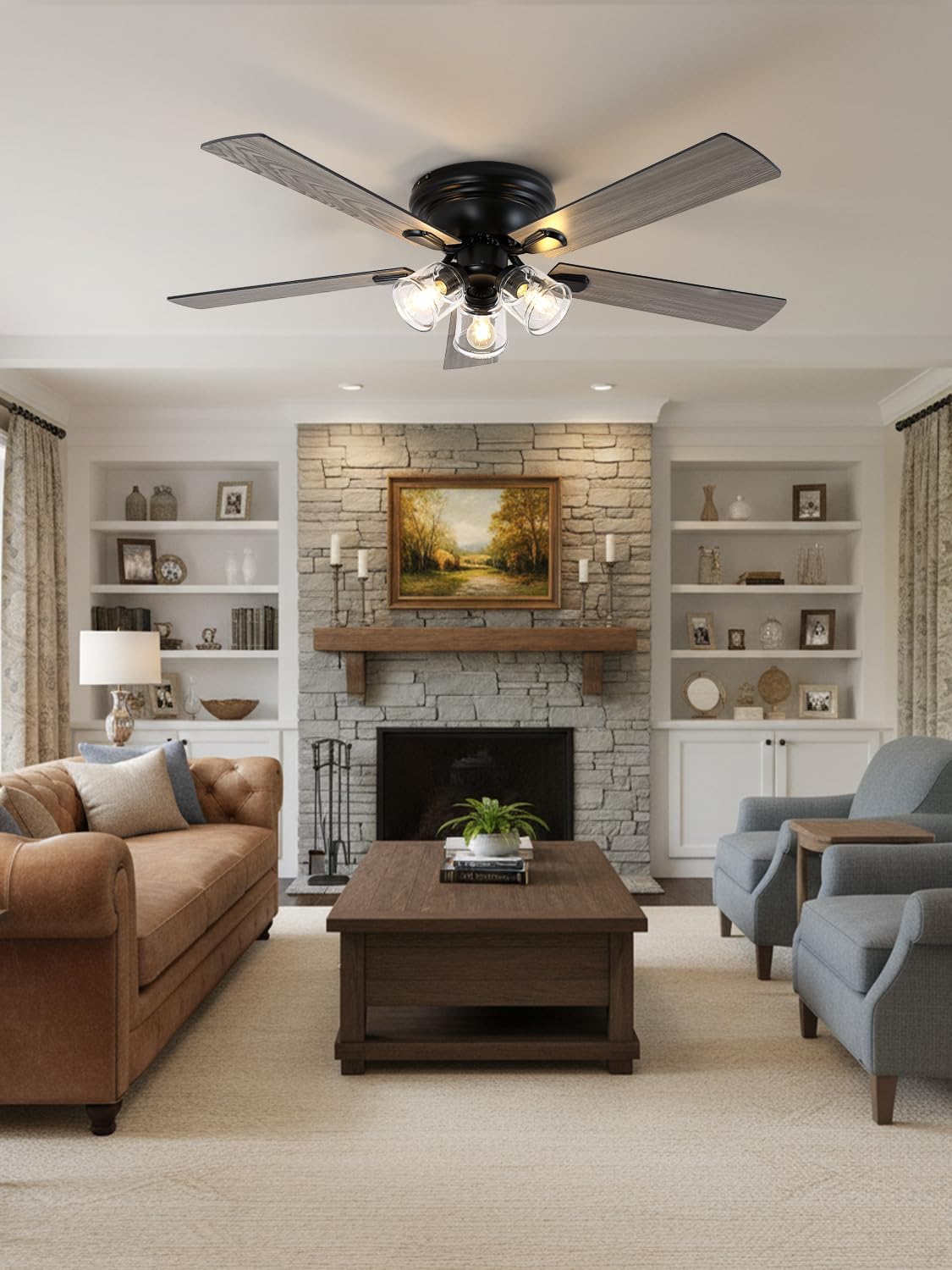 52 Inch Flush Mount Farmhouse Ceiling Fan with Lights and Remote | Rustic Fandelier Ceiling Fan, Low Profile Chandelier, 5 Dual Blade, for Bedroom Living Room, Reversible DC Motor 6 Speeds Vintage-V2