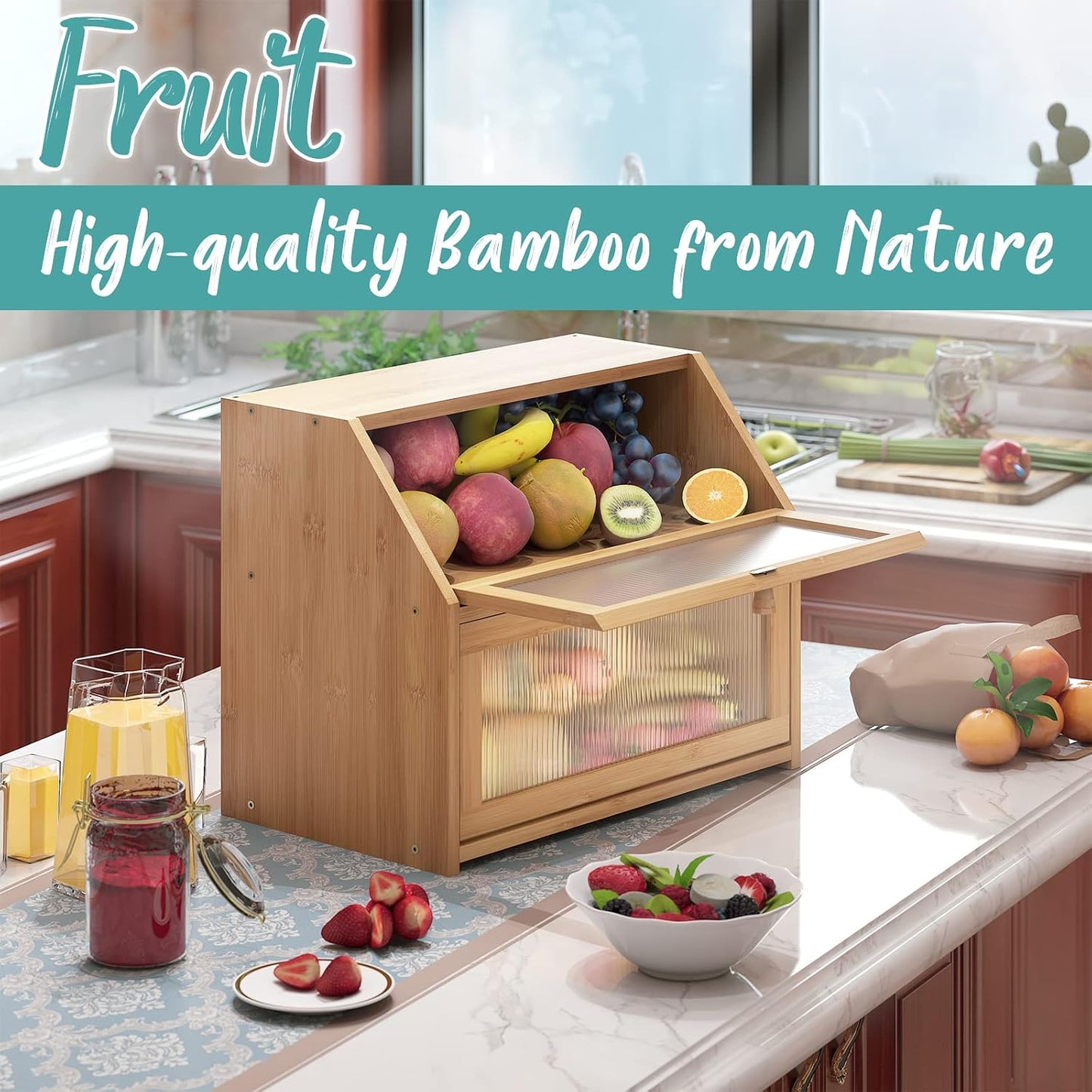 Bread Box for Kitchen Counter, Large Bamboo Wood Double Layer Bread Box, Wooden Bread Storage Capacity Natural Large