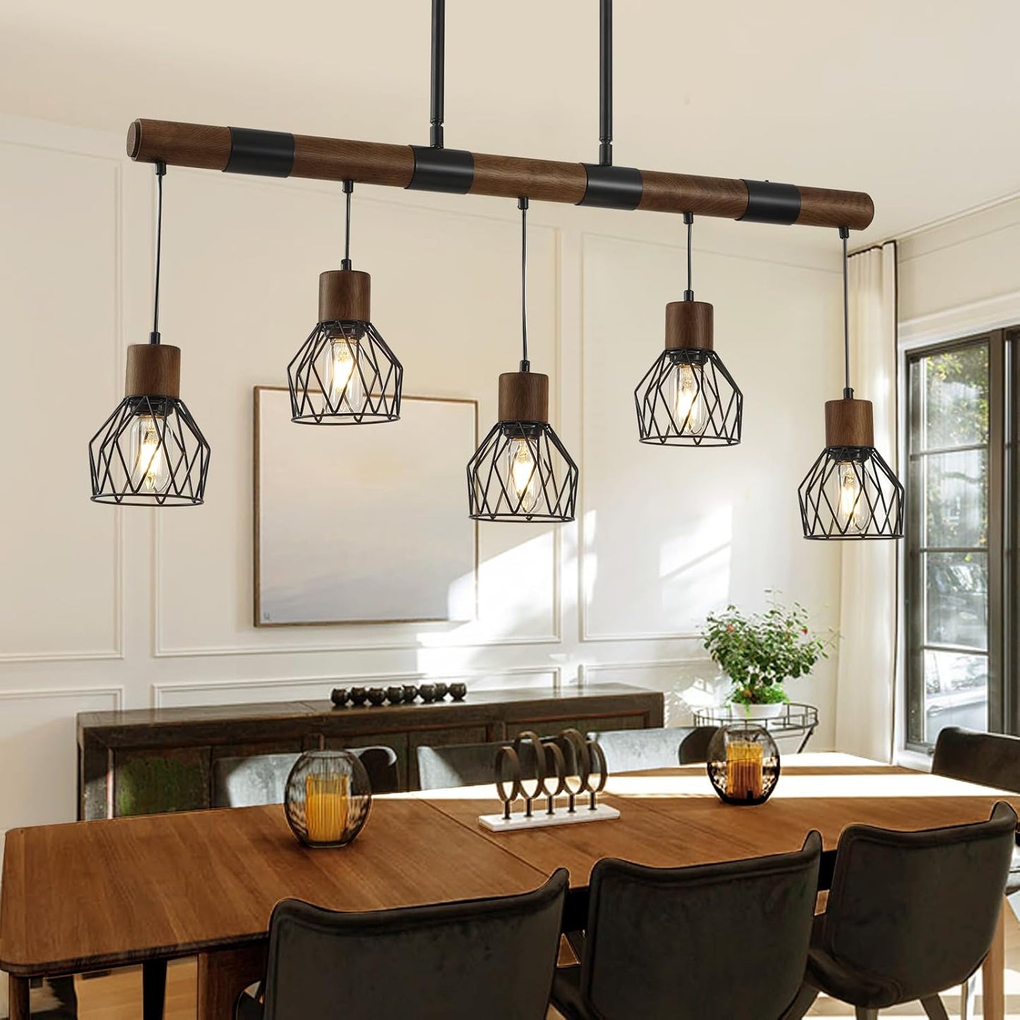 Dining Room Light Fixture Over Table, Farmhouse 5-Light Kitchen Island Lighting, Chandeliers for Dining Room, Matte Black Rustic Wood Ceiling Pendant