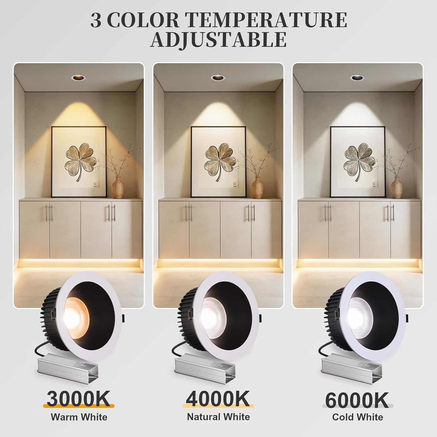 4 Inch Waterproof Recessed Led Lights, 3CCT Recessed Lights with J-Box, Round Recessed Lighting 3000-6000K Selectable, 15W 1700LM Soffit Canless Recessed Light for Bathroom,Living Room,Kitchen (2 PCS)