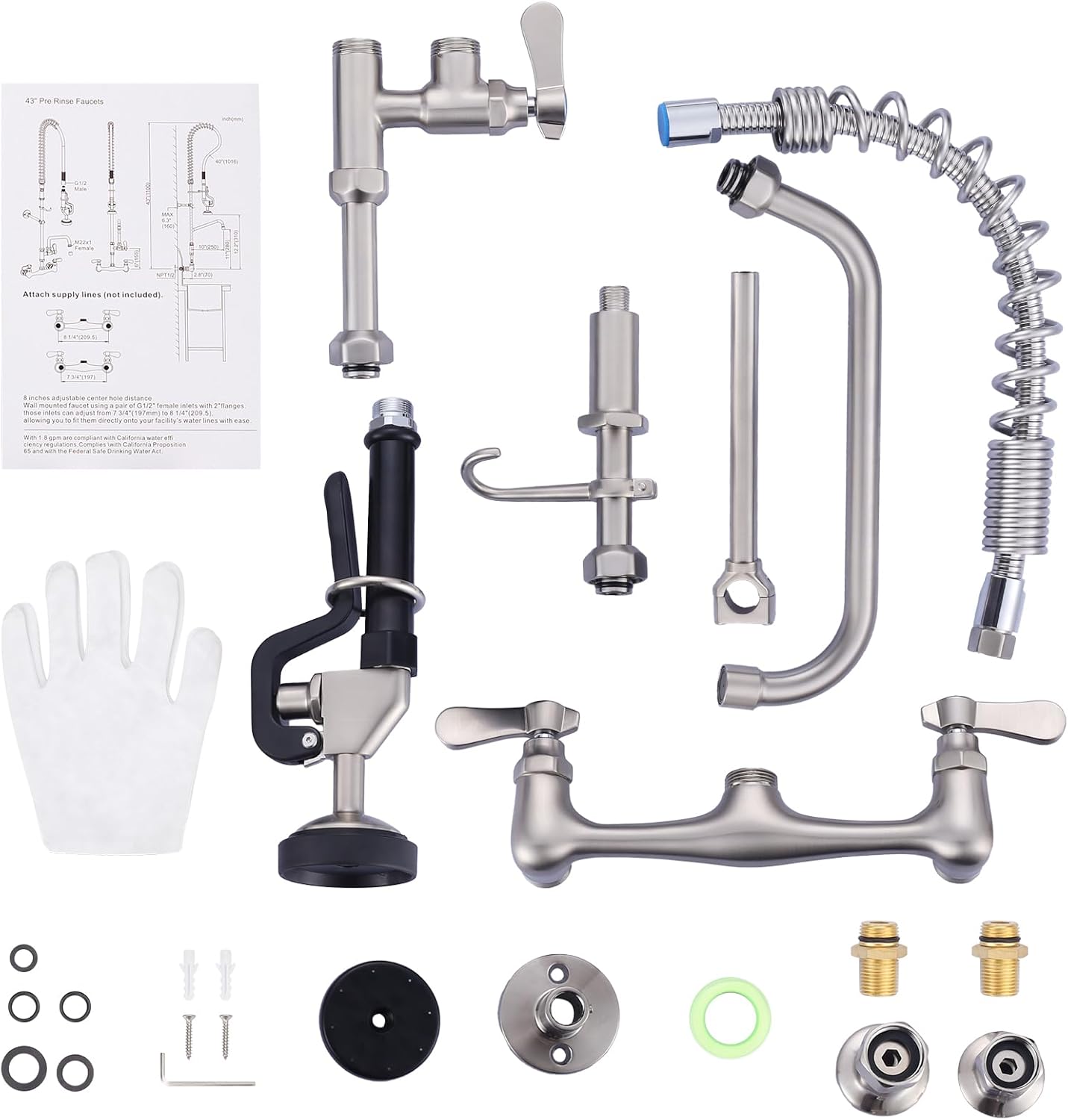 Commercial Kitchen Sink Faucet 21in, Wall Mount Kitchen Faucet with Sprayer, 3 Compartment Sink Faucet for Commercial Restaurant Kitchen