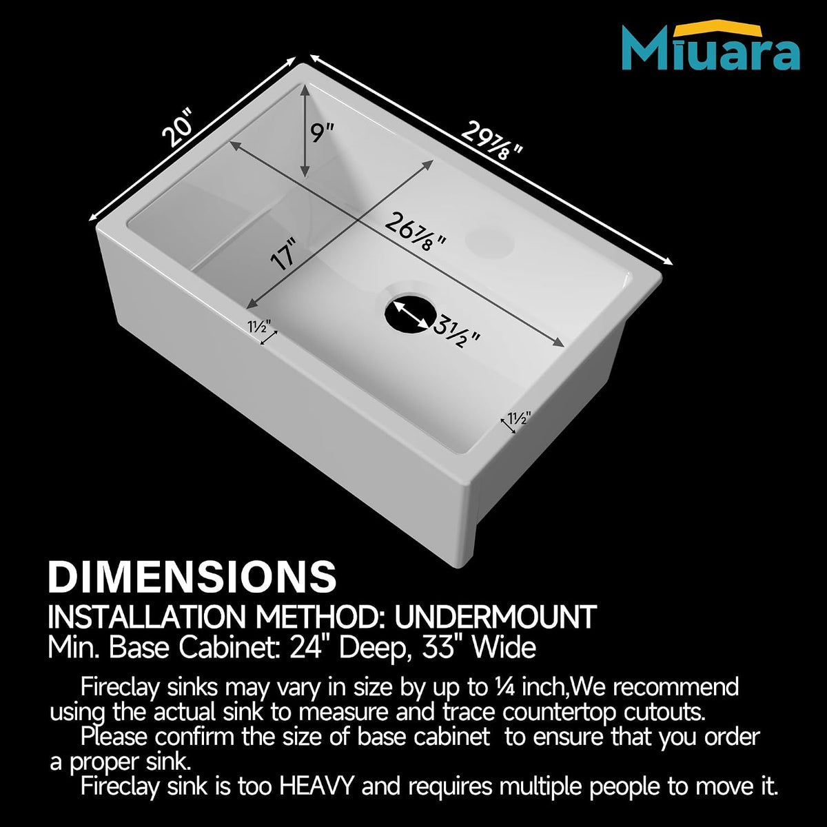 Miuara 30 x 20 Inch Self Trimming Farmhouse Kitchen Sink White Apron Front