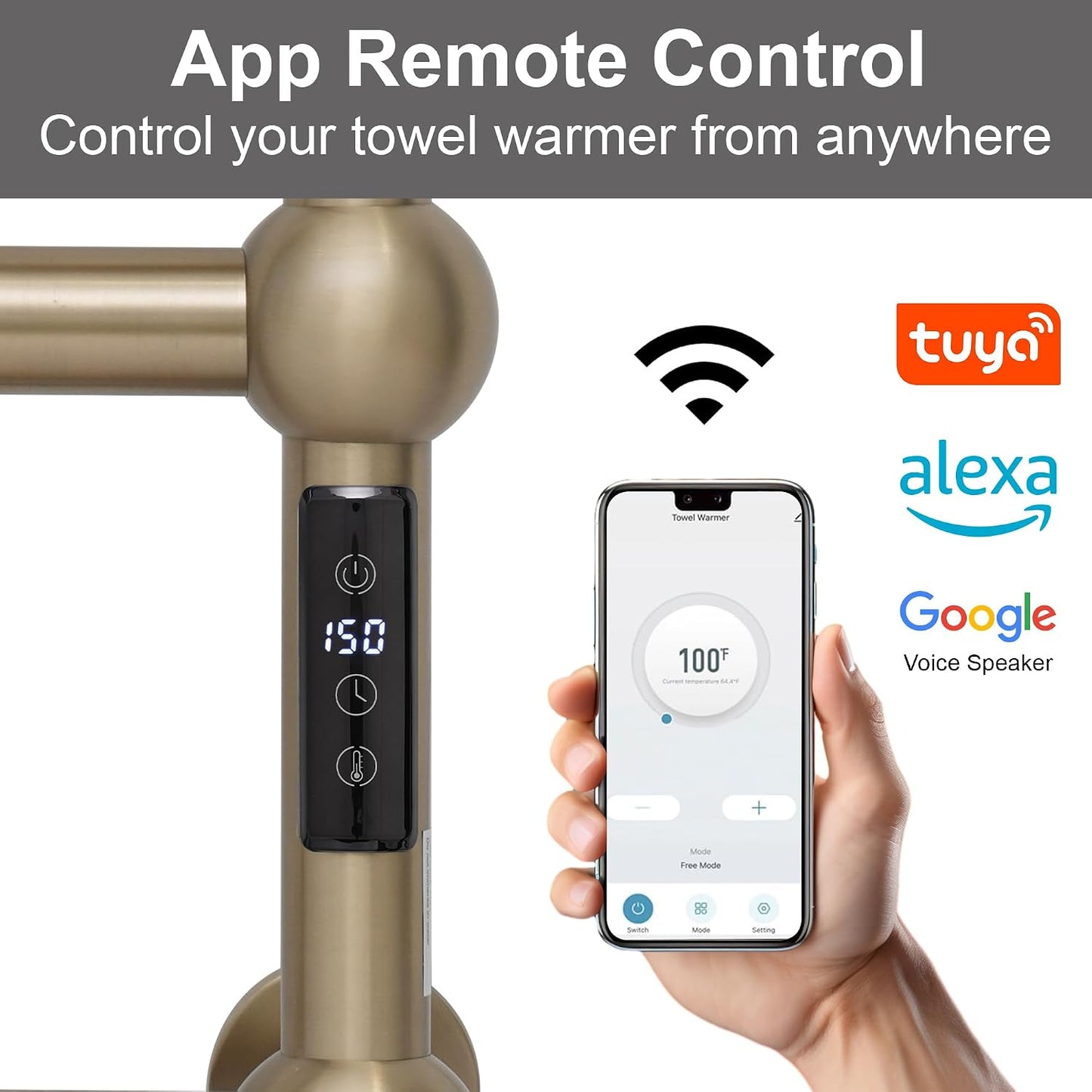Electric Heated Towel Warmer Rack for Bathroom with Voice Control Alexa & Google Home,TUYA Wall-Mounted,Plug in,Stainless Steel,Brushed Brass,27.56 * 19.69 * 4.92 in,Sphere,Space Saving 5 Bar Brushed Brass With Wifi & Sphere