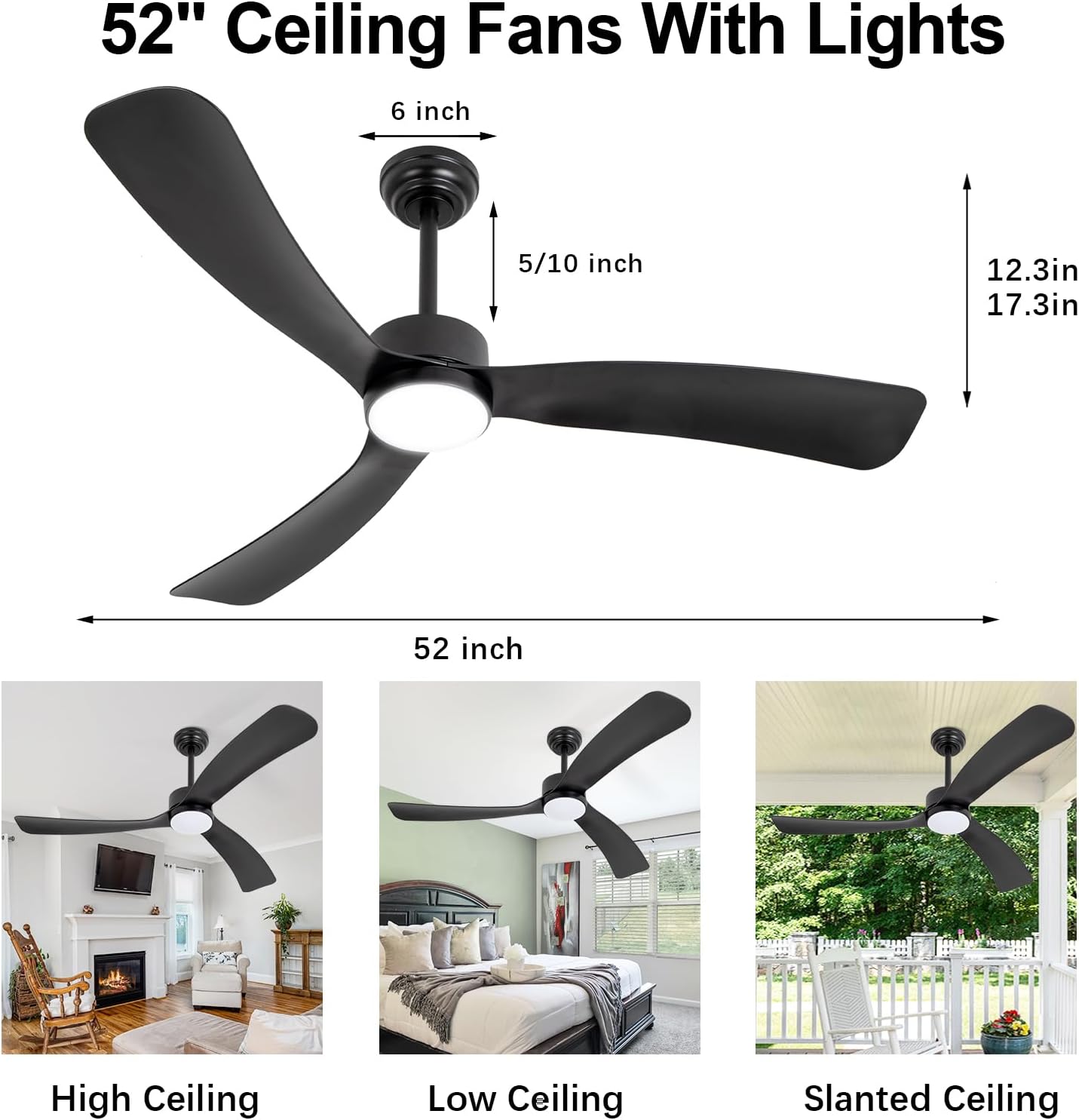 revoici Black Ceiling Fan with Light Remote 52in 6Speed Silent Reversible Motor 3CCT Dimmable LED Height Adjustable Timer Memory Function Modern