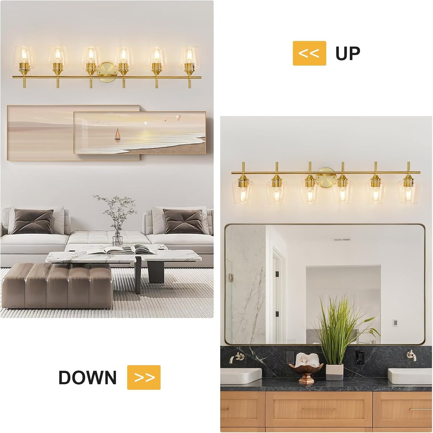 Bathroom Light Fixtures 6 Light Gold Vanity Light with Clear Glass Shade, Brushed Brass Bathroom Lighting Over Mirror,