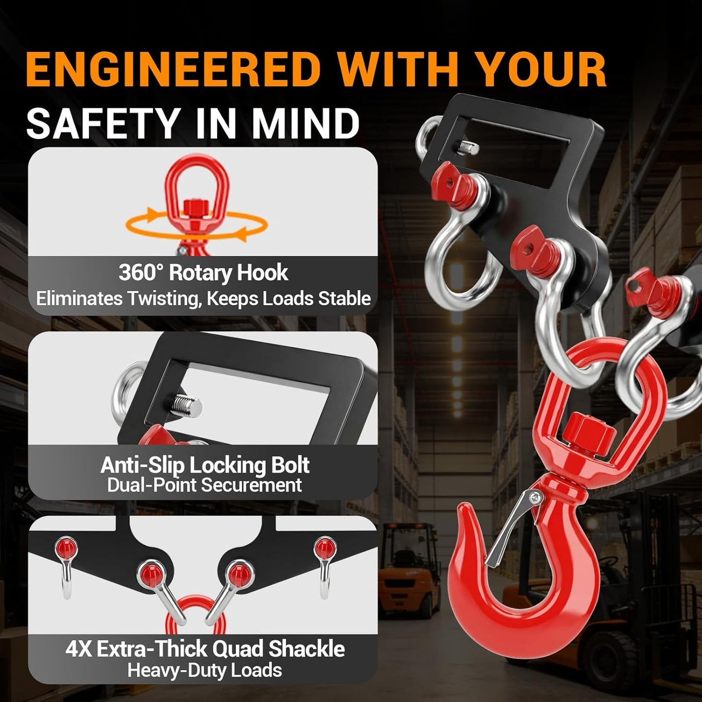 Professional Forklift Lifting Attachment - 6600 lbs Capacity Heavy Duty Steel with Screw Lock Fastener & 360° Swivel Safety Hook, Dual Fork Mobile Crane Conversion Kit for Industrial Use