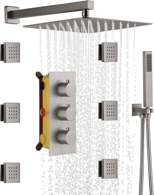 CASAINC 3 Way Thermostatic Shower System with Rough-in Valve, Wall Mounted Luxury 12' Rainfall Shower Set with 6 Body Jets & Handheld Spray (Brushed