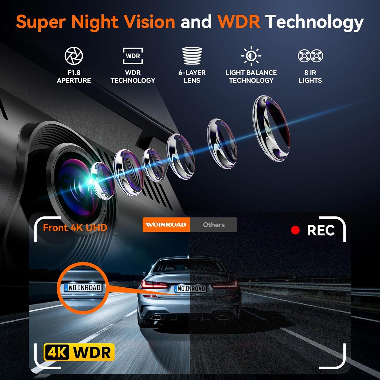 4K+3x1080P 4 Channel Dash Cam, 360° All-Around View Dash Camera for Cars, Free 128GB Card Included, Built-in GPS, 2.4GHz Wi-Fi & App, 8 IR Night Vision, G-Sensor, 24H Parking Mode(Supports 256GB Max)