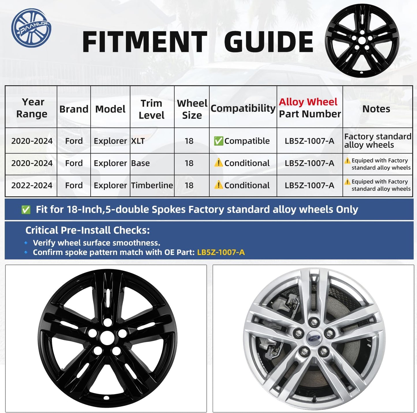 18 Inch Wheel Skins for 2020-2024 Ford Explorer, Fits OEM#LB5Z-1007-A Alloy Wheels, Snap-On Design, 5 Double Spoke, Direct Replacement Gloss Black ABS Wheel Covers 4-Pack