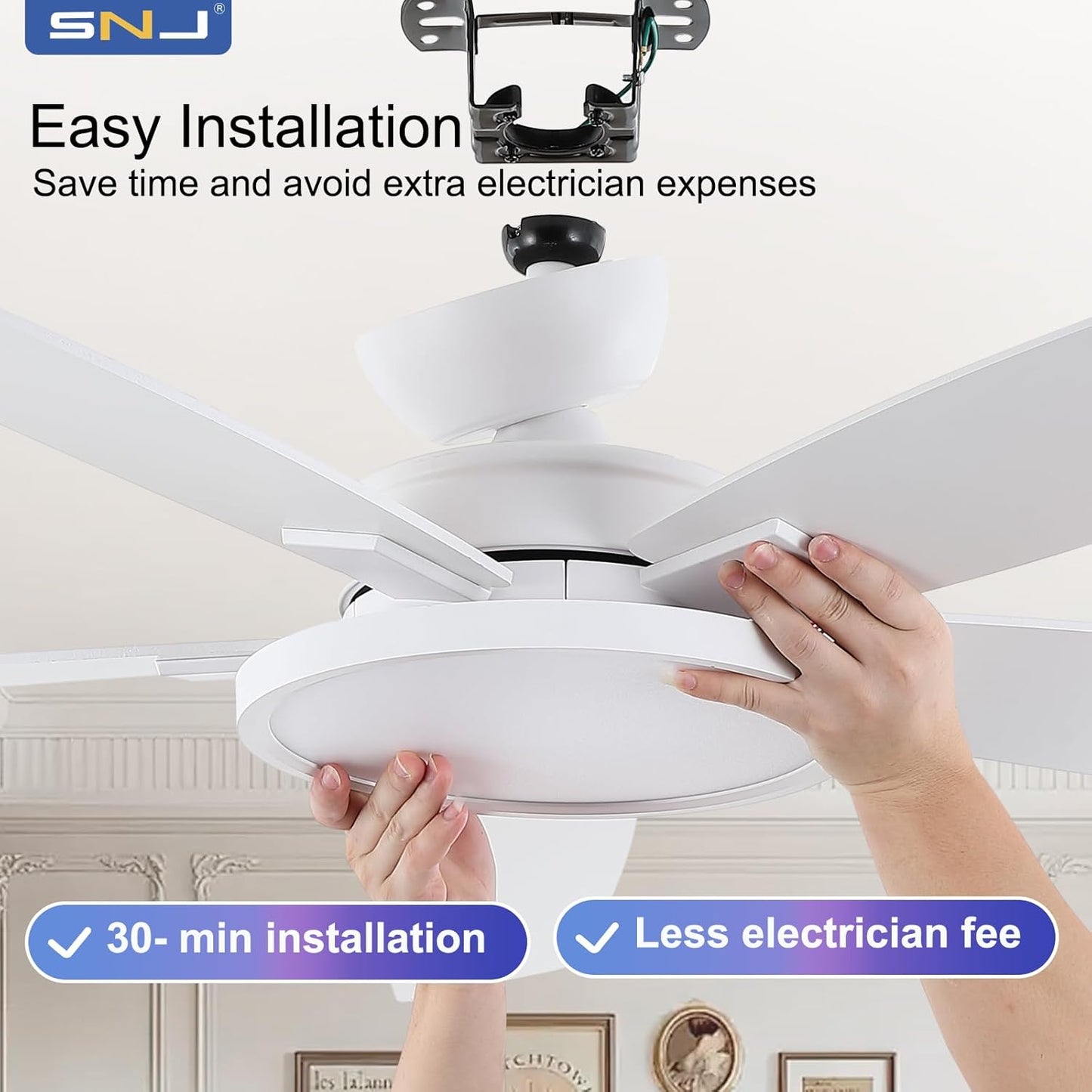 52 inch Ceiling Fan with Light, White Ceiling Fan with Light and Remote, Bedroom Ceiling Fan for Indoor, Outdoor, Living Ro